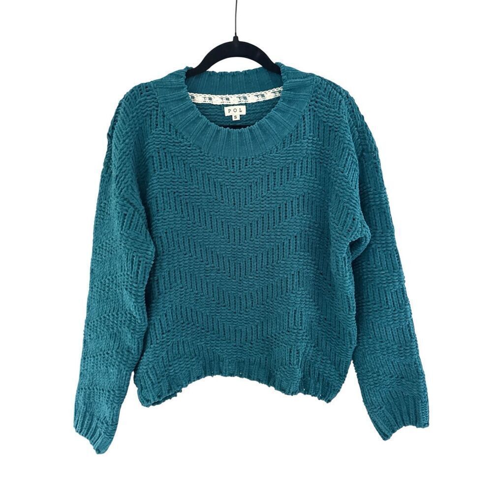 POL Women's Chenille Chunky Knit Chevron Crew Neck Pullover Sweater Teal Small